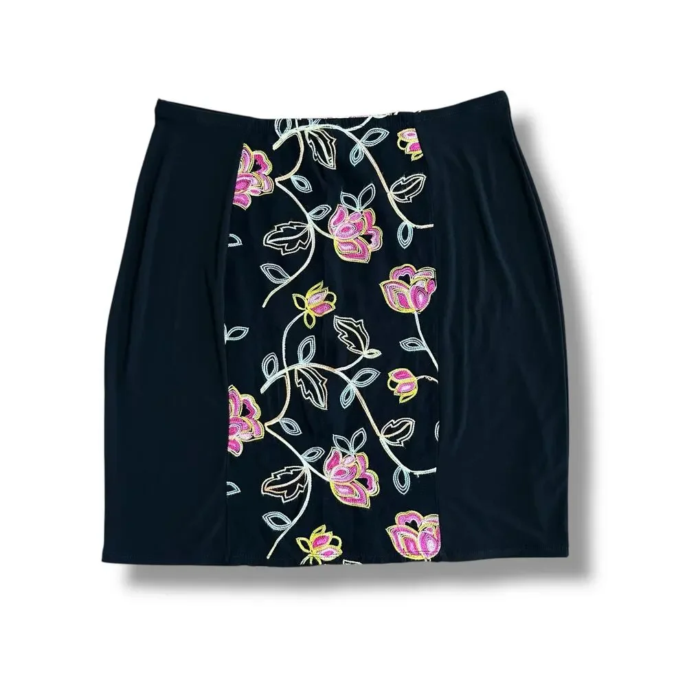 Passports black boho floral embroidery skirt L elastic waist artsy‎ mini